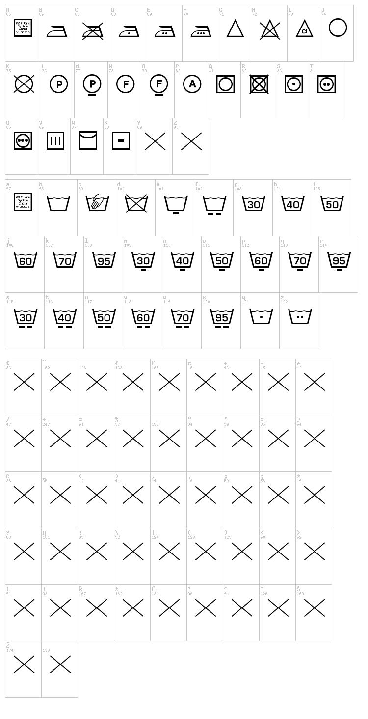 Wash Care Symbols Classic M54 font map